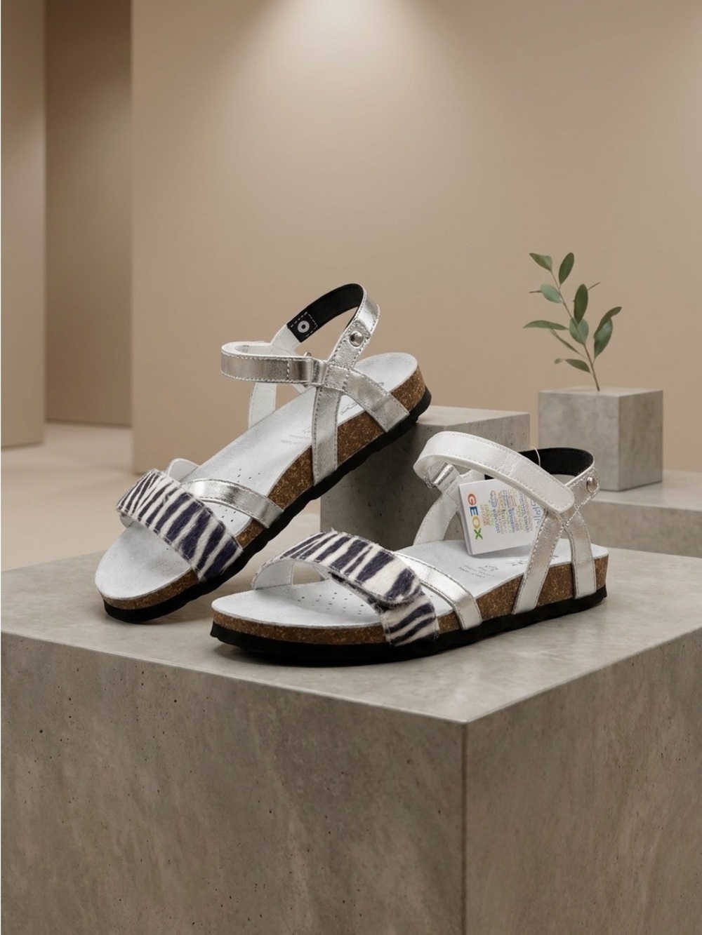 Geox Silver Metallic Sandals with Black-and-White Zebra Strap